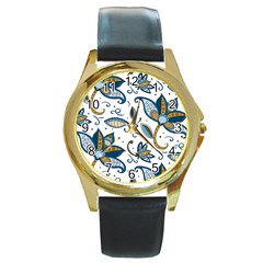 Flowers Blue Texture Style Batik Round Gold Metal Watch