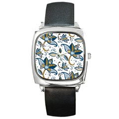 Flowers Blue Texture Style Batik Square Metal Watch