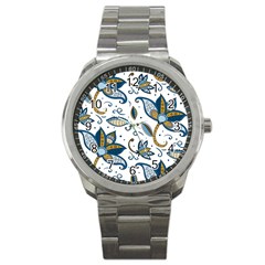 Flowers Blue Texture Style Batik Sport Metal Watch