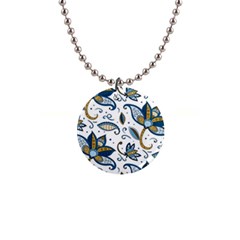 Flowers Blue Texture Style Batik 1  Button Necklace