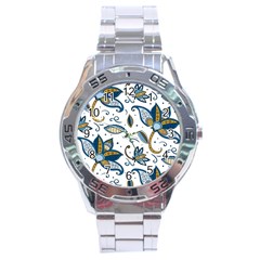 Flowers Blue Texture Style Batik Stainless Steel Analogue Watch