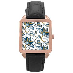 Flowers Blue Texture Style Batik Rose Gold Leather Watch 