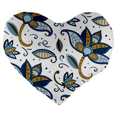 Flowers Blue Texture Style Batik Large 19  Premium Flano Heart Shape Cushions