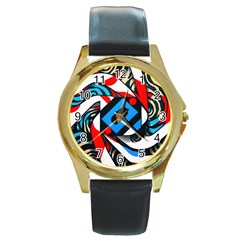 Abstract Background Pattern Round Gold Metal Watch