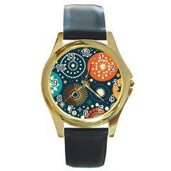 Abstract Pattern Round Gold Metal Watch