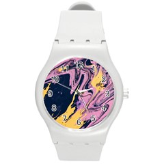 Pink Black And Yellow Abstract Painting Round Plastic Sport Watch (m)