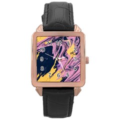 Pink Black And Yellow Abstract Painting Rose Gold Leather Watch  by Jancukart