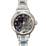 Black Marble Abstract Pattern Texture Round Italian Charm Watch Front