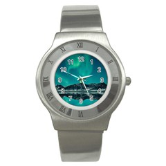 Blue And Green Sky And Mountain Stainless Steel Watch