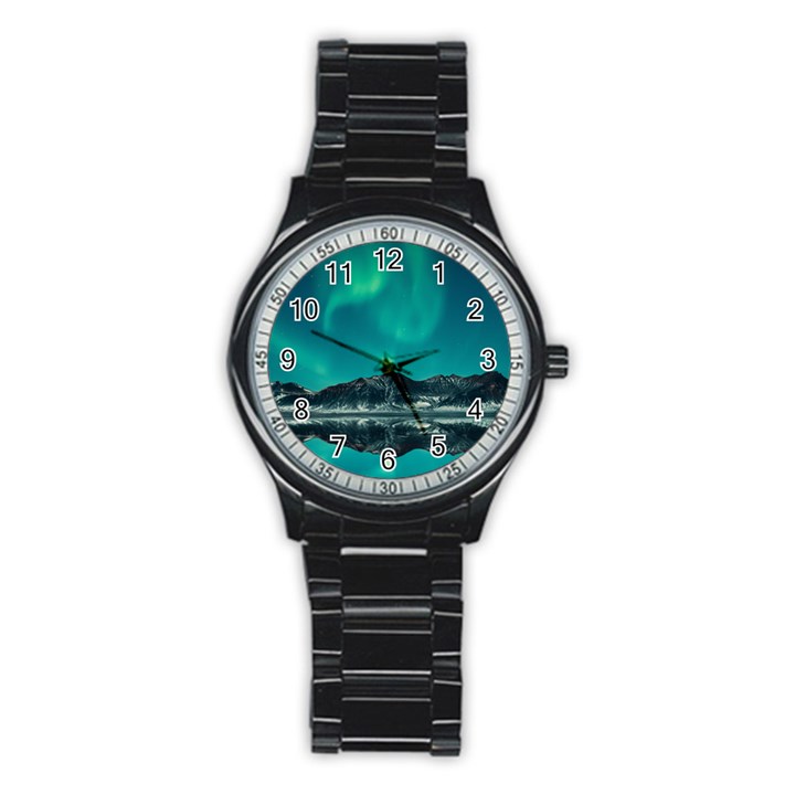 Blue And Green Sky And Mountain Stainless Steel Round Watch