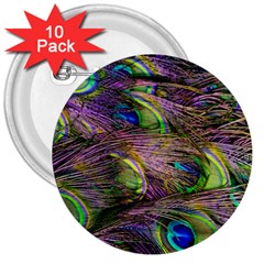 Green Purple And Blue Peacock Feather 3  Buttons (10 Pack) 