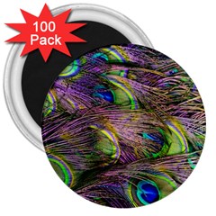 Green Purple And Blue Peacock Feather 3  Magnets (100 Pack)