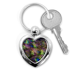 Green Purple And Blue Peacock Feather Key Chain (heart) by Jancukart