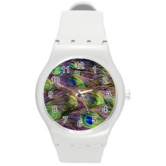 Green Purple And Blue Peacock Feather Round Plastic Sport Watch (m)