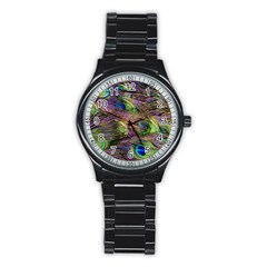 Green Purple And Blue Peacock Feather Stainless Steel Round Watch