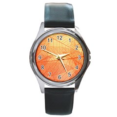 Orange Leaves Colorful Transparent Texture Of Natural Background Round Metal Watch