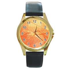 Orange Leaves Colorful Transparent Texture Of Natural Background Round Gold Metal Watch