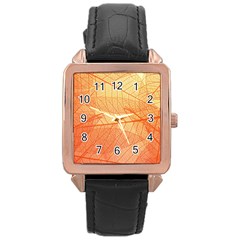 Orange Leaves Colorful Transparent Texture Of Natural Background Rose Gold Leather Watch 