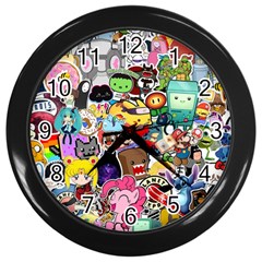 Assorted Cartoon Characters Doodle  Style Heroes Wall Clock (black) by Jancukart