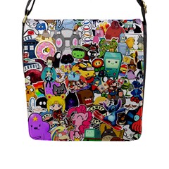 Assorted Cartoon Characters Doodle  Style Heroes Flap Closure Messenger Bag (l) by Jancukart