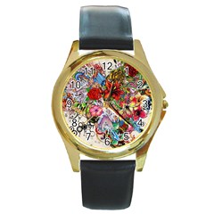 Romantic Cotton Pattern Wallpaper Texture Design Art Round Gold Metal Watch