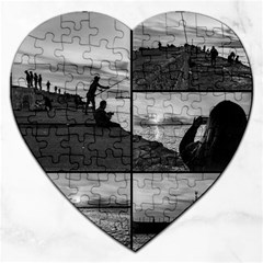 Coastal Sunset Black And White Scene Collage, Montevideo, Uruguay Jigsaw Puzzle (heart) by dflcprintsclothing