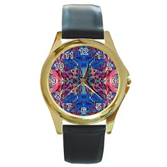 Cobalt Arabesque Round Gold Metal Watch by kaleidomarblingart