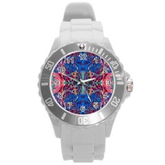 Cobalt Arabesque Round Plastic Sport Watch (l) by kaleidomarblingart