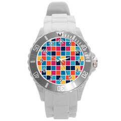 Square Plaid Checkered Pattern Round Plastic Sport Watch (l) by Ravend