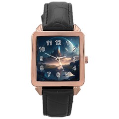 Space Planet Universe Galaxy Moon Rose Gold Leather Watch 