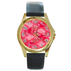 Background Peace Doodles Graphic Round Gold Metal Watch by Ravend