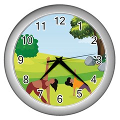 Mother And Daughter Yoga Art Celebrating Motherhood And Bond Between Mom And Daughter  Wall Clock (silver)