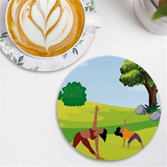 Mother And Daughter Yoga Art Celebrating Motherhood And Bond Between Mom And Daughter  Uv Print Round Tile Coaster by SymmekaDesign