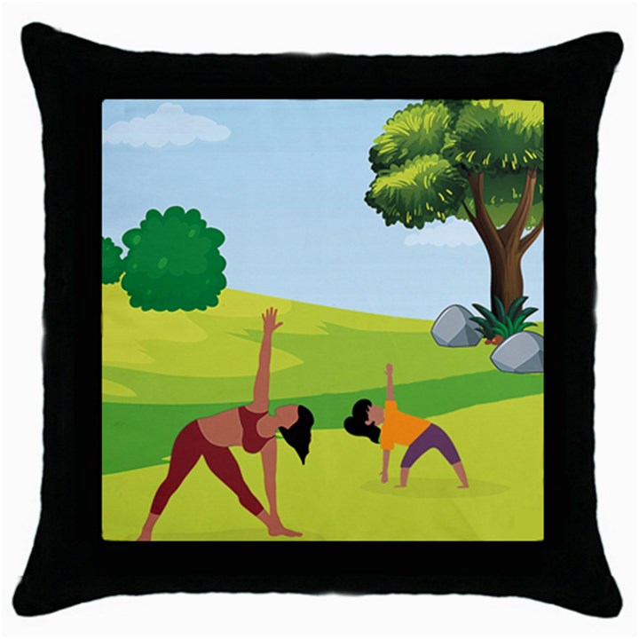 Mother And Daughter Yoga Art Celebrating Motherhood And Bond Between Mom And Daughter. Throw Pillow Case (Black)