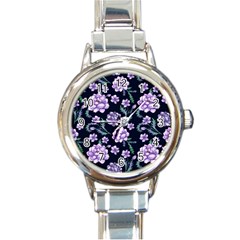 Elegant Purple Pink Peonies In Dark Blue Background Round Italian Charm Watch by augustinet