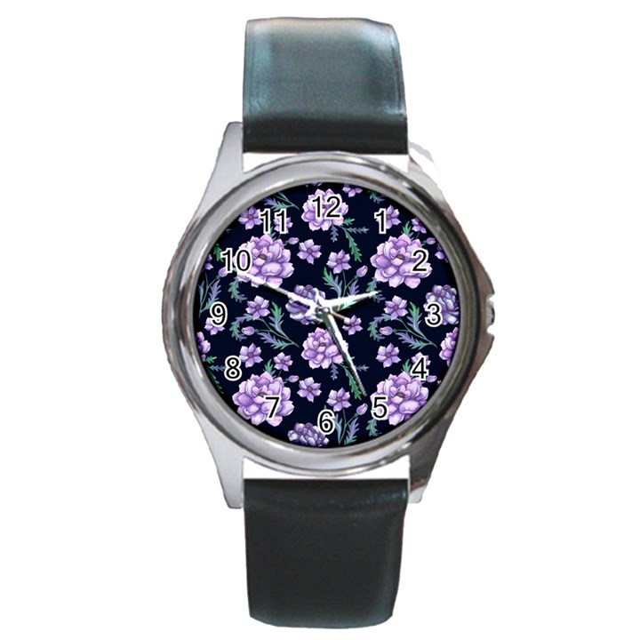 Elegant purple pink peonies in dark blue background Round Metal Watch