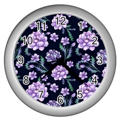 Elegant Purple Pink Peonies In Dark Blue Background Wall Clock (silver) by augustinet