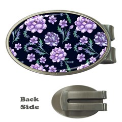 Elegant Purple Pink Peonies In Dark Blue Background Money Clips (oval)  by augustinet