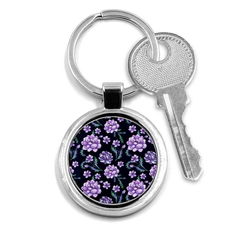 Elegant purple pink peonies in dark blue background Key Chain (Round)