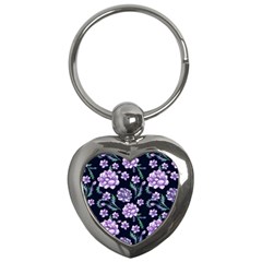 Elegant Purple Pink Peonies In Dark Blue Background Key Chain (heart) by augustinet