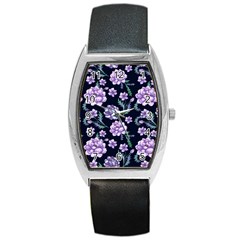 Elegant Purple Pink Peonies In Dark Blue Background Barrel Style Metal Watch