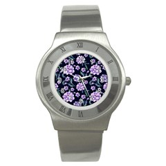 Elegant Purple Pink Peonies In Dark Blue Background Stainless Steel Watch