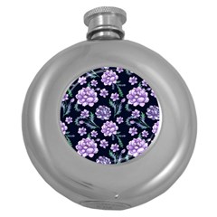 Elegant Purple Pink Peonies In Dark Blue Background Round Hip Flask (5 Oz)