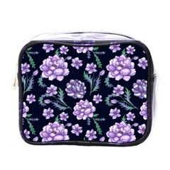 Elegant Purple Pink Peonies In Dark Blue Background Mini Toiletries Bag (one Side)