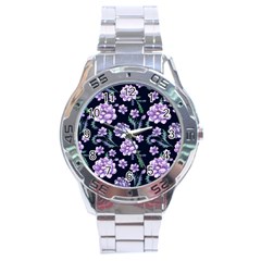 Elegant Purple Pink Peonies In Dark Blue Background Stainless Steel Analogue Watch by augustinet