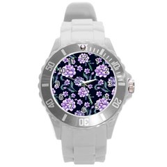 Elegant Purple Pink Peonies In Dark Blue Background Round Plastic Sport Watch (l) by augustinet