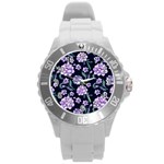 Elegant purple pink peonies in dark blue background Round Plastic Sport Watch (L) Front