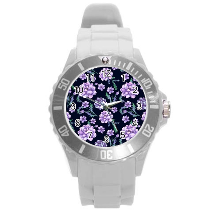 Elegant purple pink peonies in dark blue background Round Plastic Sport Watch (L)