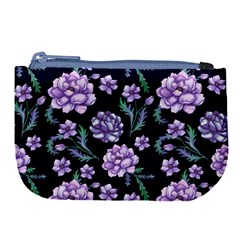 Elegant Purple Pink Peonies In Dark Blue Background Large Coin Purse