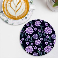 Elegant Purple Pink Peonies In Dark Blue Background Uv Print Round Tile Coaster by augustinet